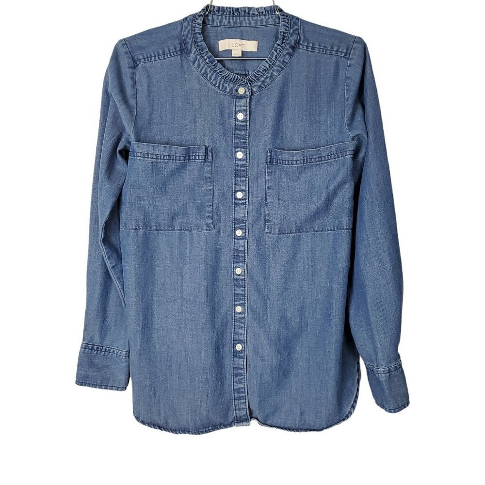 💎Loft Long Sleeve Button Down Ruffle Band Denim Top